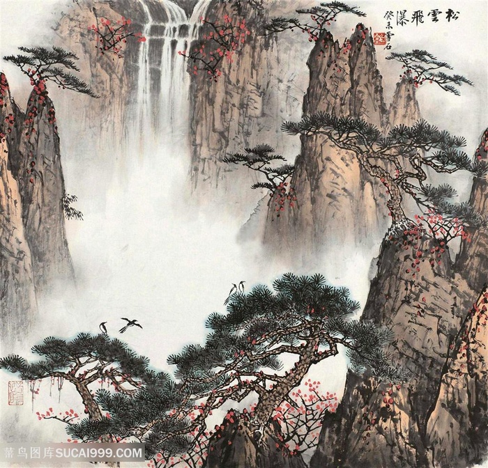 白雪石水墨迎客松山脉风景画装饰画