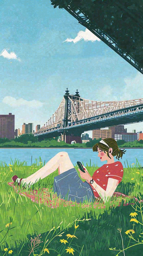 城市阳光蓝天白云人物在草地风景手绘插画，休闲