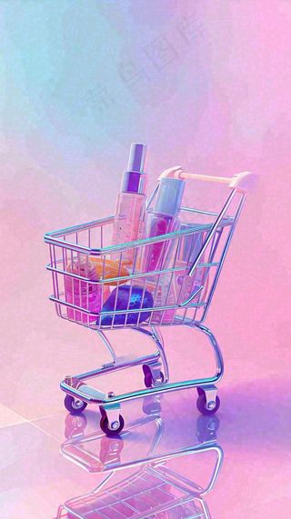 粉紫绚丽购物车采购电商美妆时尚，3D推车