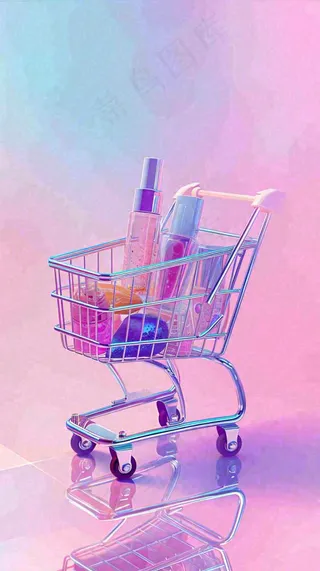 粉紫绚丽购物车采购电商美妆时尚，3D推车