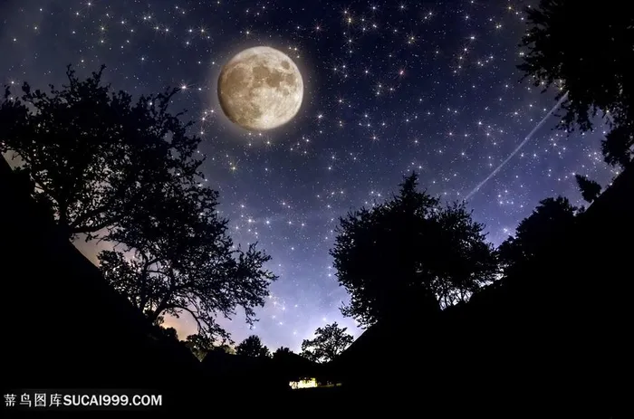 夜晚下的月亮和漫天繁星图片