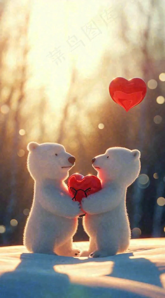 冬天雪地可爱小熊爱情情侣温馨，情人节520爱心摄影图(816x1472)