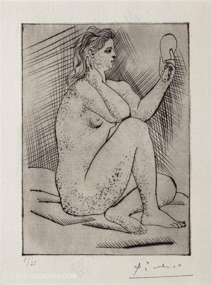毕加索素描线描裸体美女照镜子装饰画