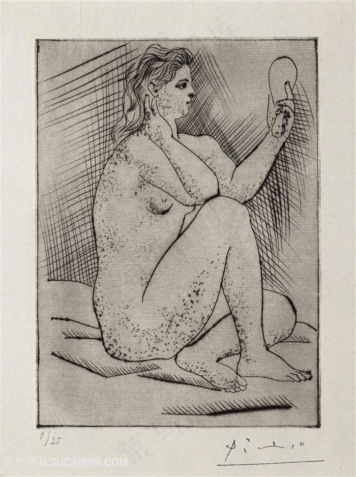 毕加索素描线描裸体美女照镜子装饰画