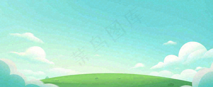 卡通手绘绿色草坡蓝天白云，春天，儿童节，春游，春分