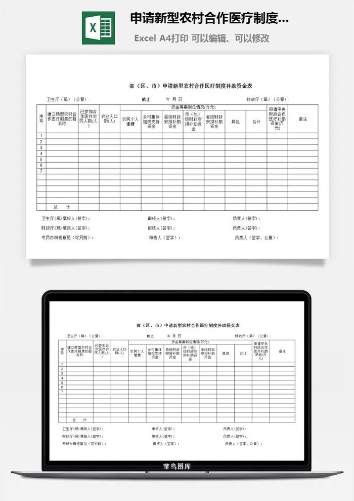 申请新型农村合作医疗制度补助资金表excel模板
