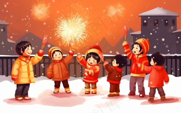 新年除夕夜烟花爆竹儿童玩乐喜庆卡通插画背景(1376x864)