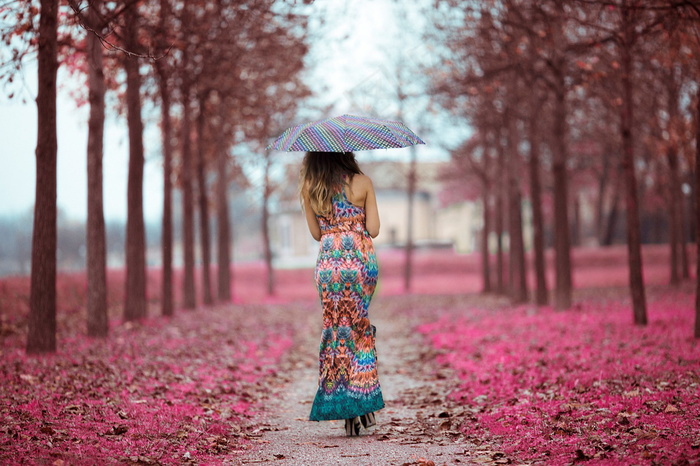 女孩下雨撑伞背影图片