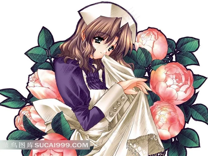 鲜花动漫美少女插画素材