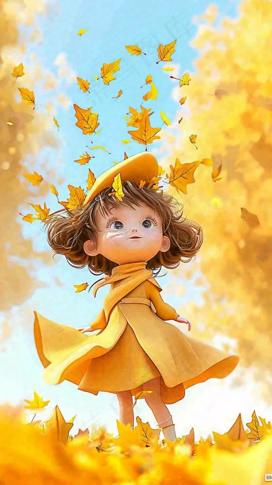 秋天女孩落叶秋叶上玩耍，儿童少女，秋分(816x1456)