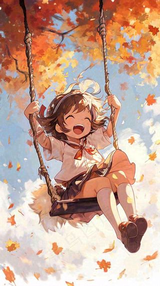 秋天秋叶树下卡通女孩荡秋千手绘插画，唯美落叶