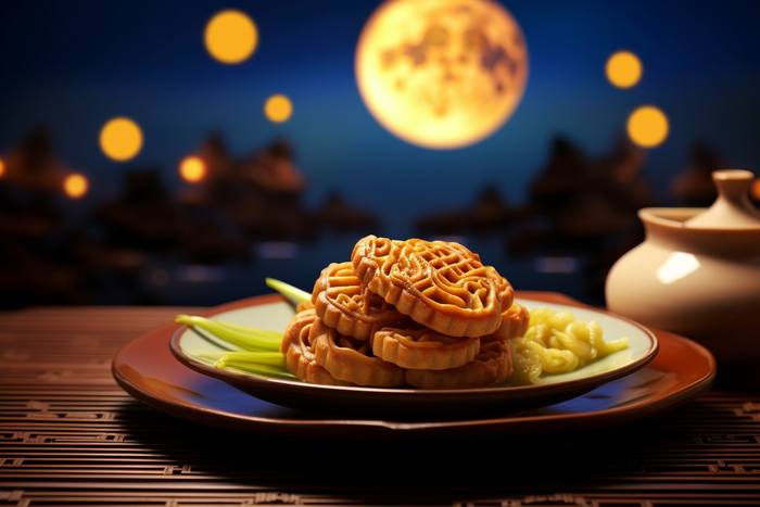 中秋月圆夜晚下餐桌上的美食月饼摄影图