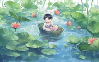 睡莲荷叶池塘里的孩子背景