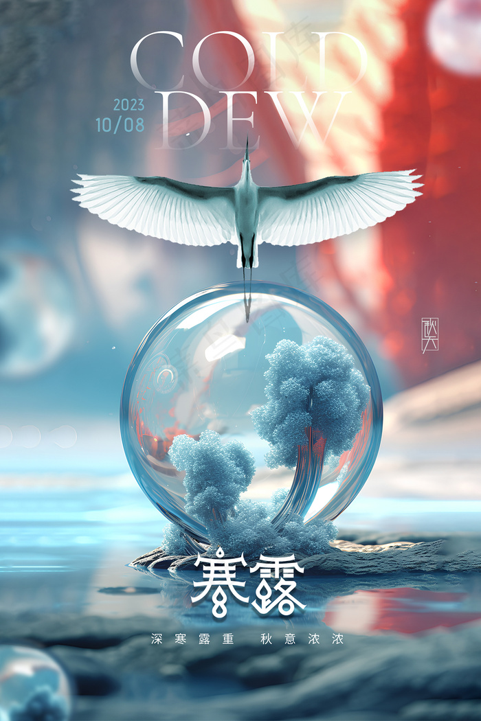 寒露玻璃球飞鸟二十四节气海报psd模版下载