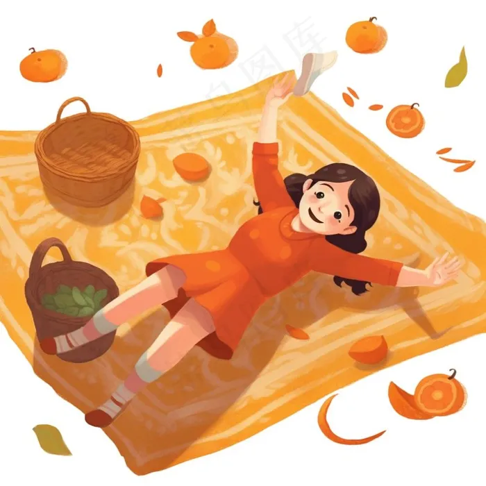 秋日野餐户外活动少女欢乐橙色卡通插画免抠(1024x1024)