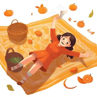 秋日野餐户外活动少女欢乐橙色卡通插画免抠