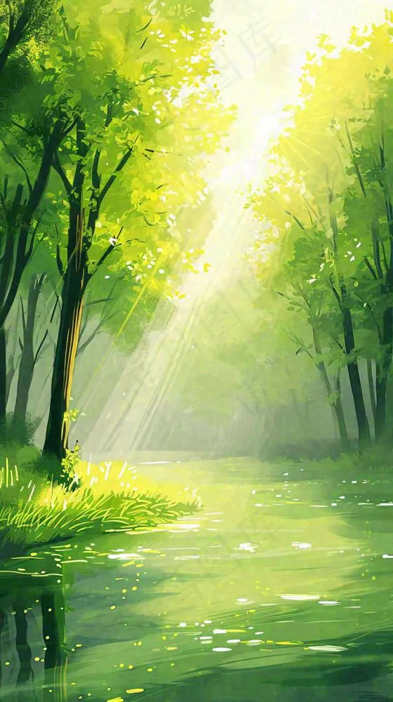 夏日森林丛林阳光绿色河面草丛树木手绘插画，夏至小暑大暑(816x1456)