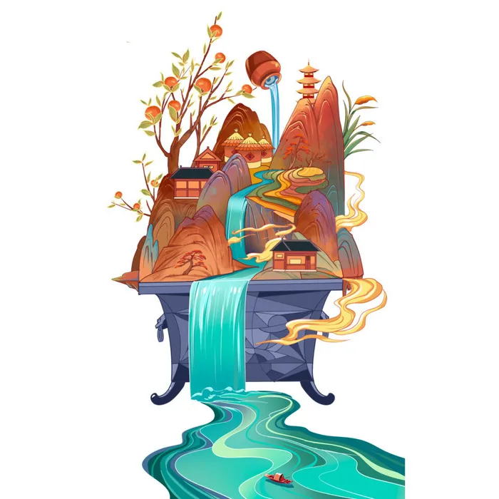时尚微景观山水装饰庭院祥云中式国潮风插图插画元素素材设计模板psd模版下载