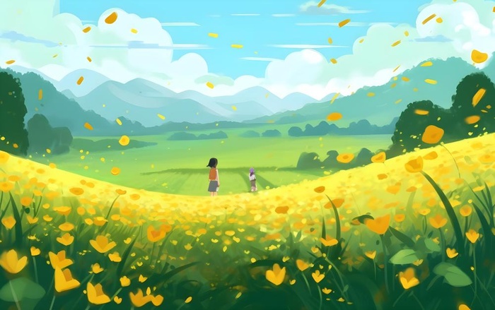 蓝天白云草坪草原人物黄色花朵手绘插画海报素材背景(5504x3456)