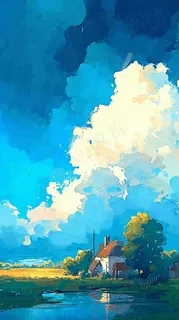 春天乡村河流倒影草地蓝天白云小屋手绘插画