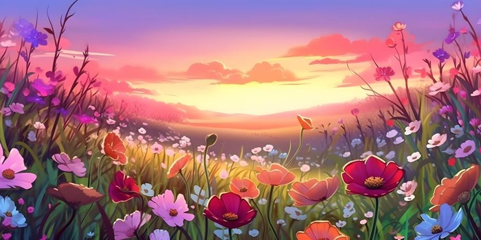 春天夕阳花丛草丛森林手绘插画海报素材背景(6144x3072)