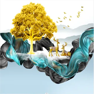 抽象麋鹿金色发财树装饰画