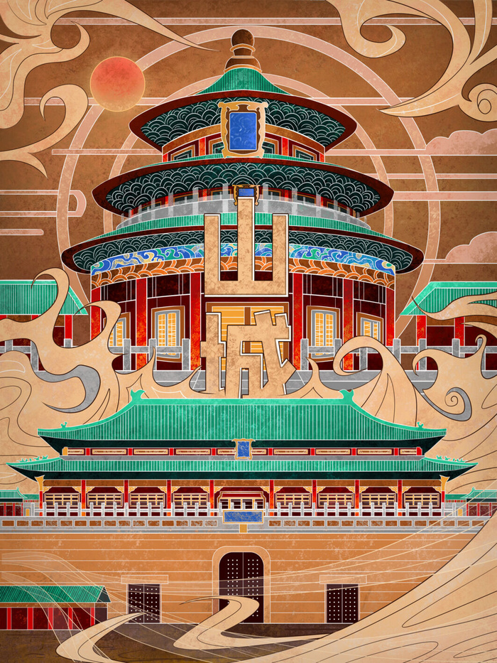 中国风国潮古建筑地标城市古风建筑阁楼印象地标手绘插画PSD素材psd模版下载