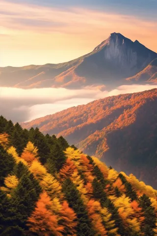 秋天的金黄红色森林山川风光摄影图