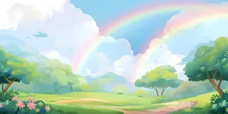 春天蓝天白云彩虹树林草坪手绘插画风景海报素材背景