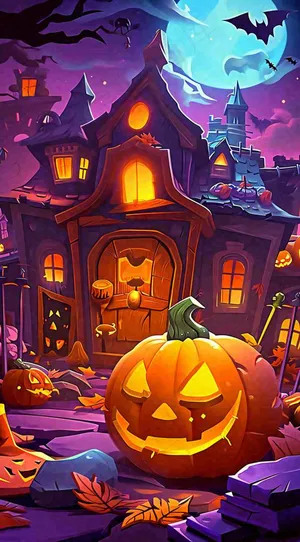 恐怖气氛万圣节南瓜屋子，西方节日卡通