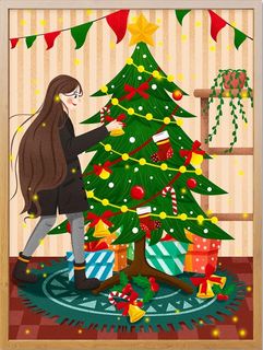 圣诞节插画美女与圣诞树