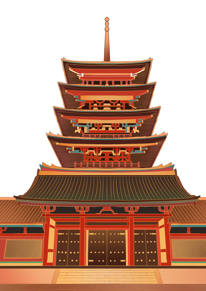 复古中国风国潮古建筑插画手绘高楼古塔PSD素材亭子png免抠图psd模版下载