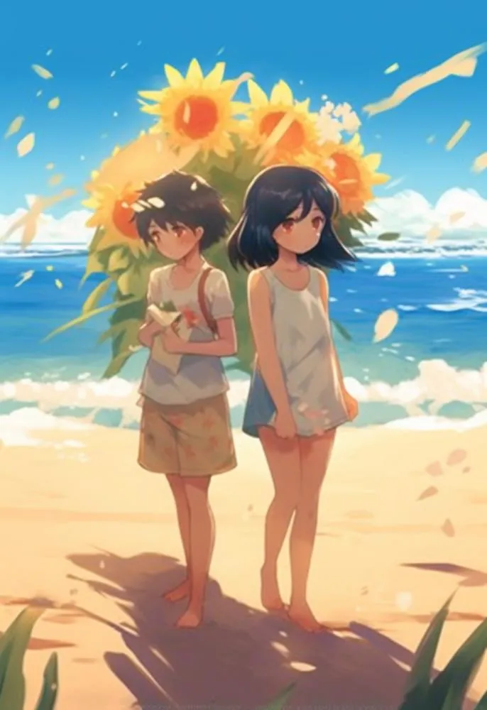 海边拿着向日葵的女孩插画背景(912x1328)