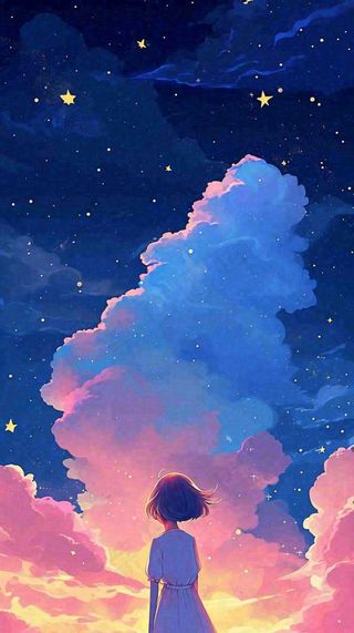 闪烁夜晚浪漫少女仰望星空粉紫色，银河月亮