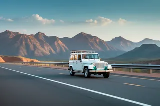 白色汽车在高速公路上行驶旁边是远处的雪山摄影图