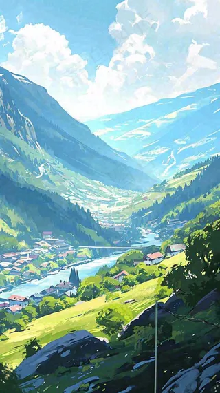 蓝天白云连绵山脉小溪河流小屋，阳光晴天