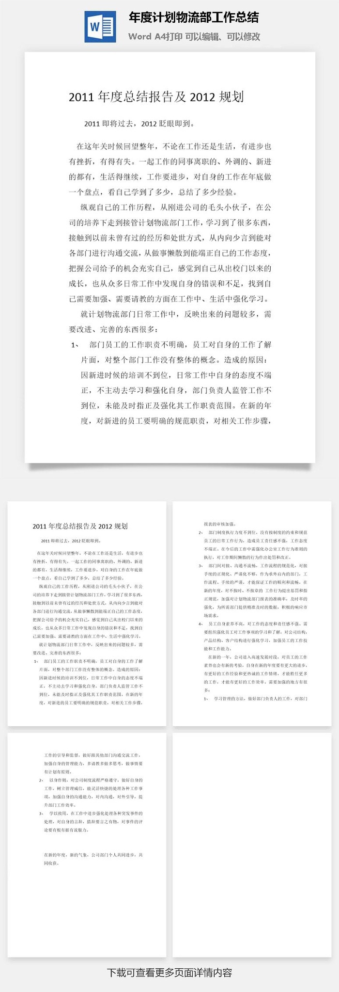 年度计划物流部工作总结word模板