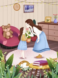 手绘母亲节插画漫画素材