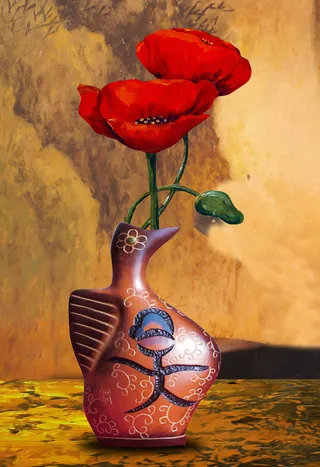 油画红色花花瓶玄关装饰画