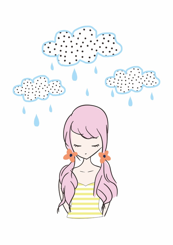 马尾小女生雨天云朵cdr矢量模版下载