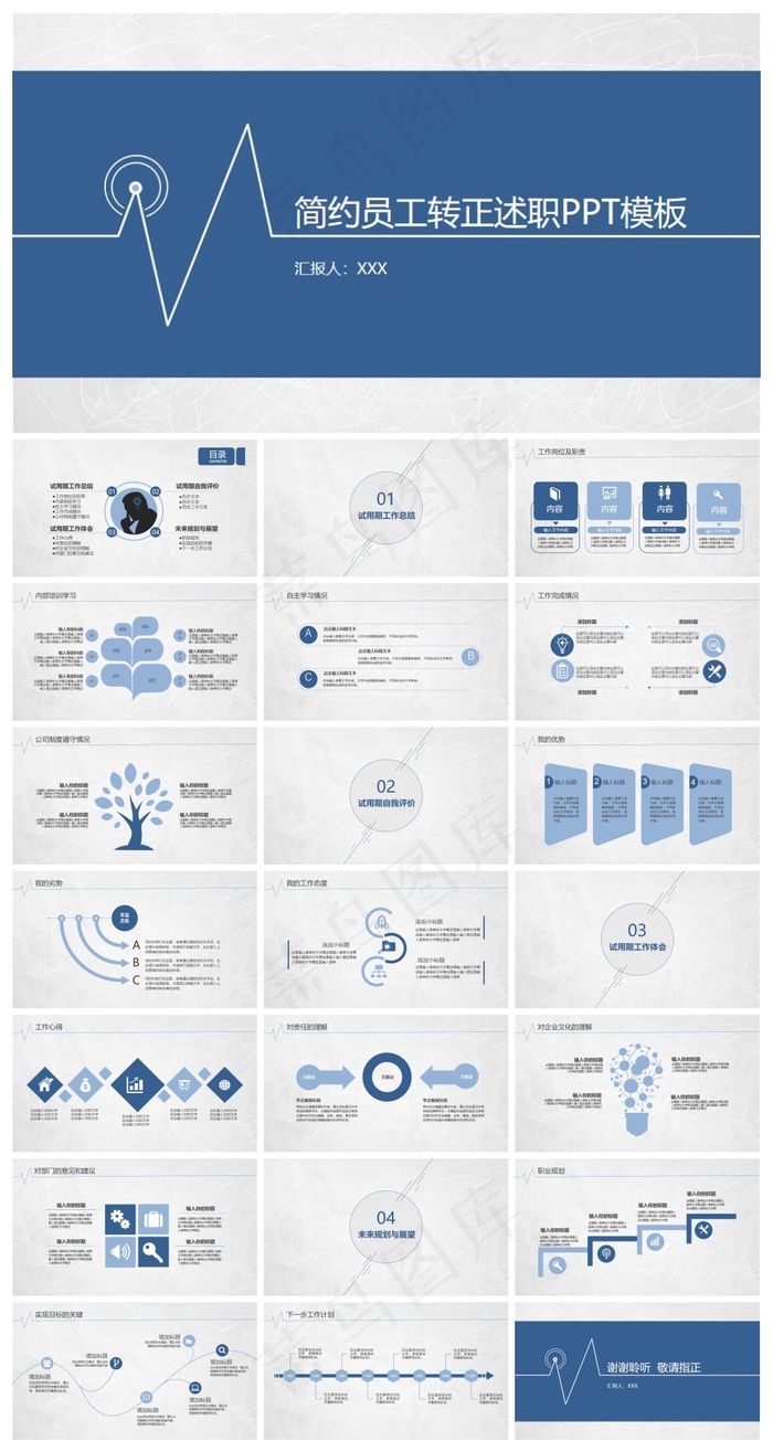 青色简约员工转正述职报告PPT