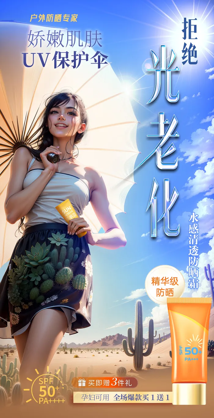 AI美女防晒霜预防光老化海报