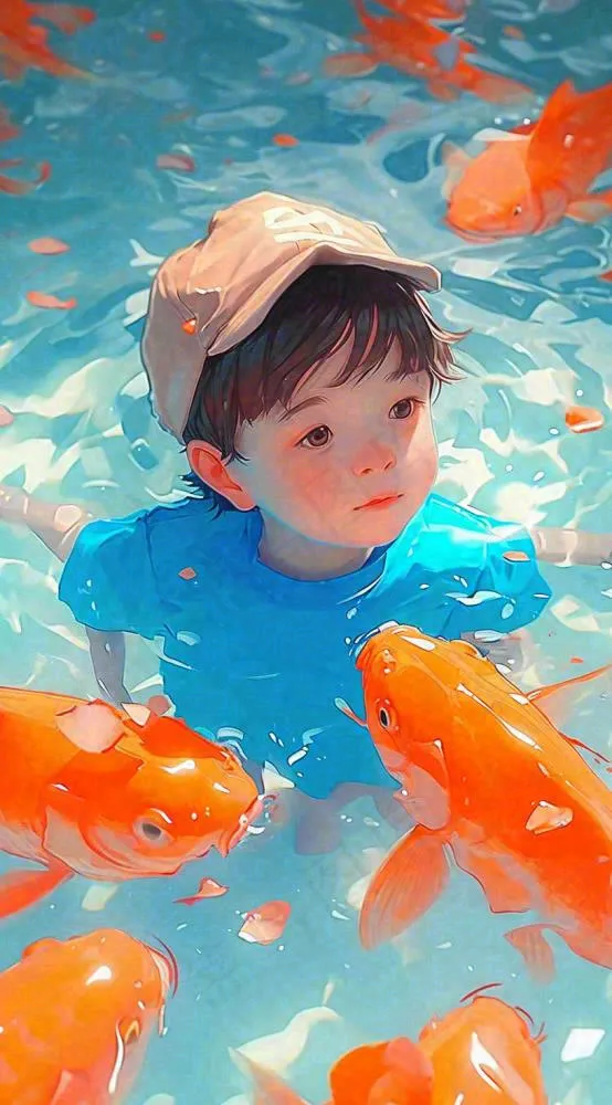 夏日阳光儿童男孩游水游泳泳池，金鱼温馨，夏天(816x1472)