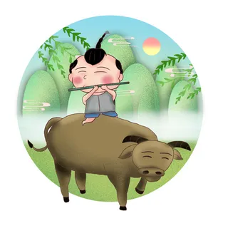  清明清明节卡通牧童吹笛子