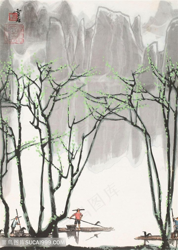 白雪石水墨山脉树木风景画