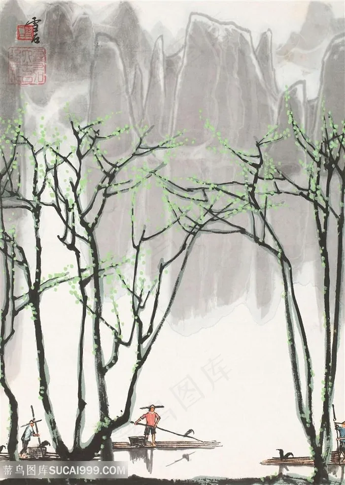 白雪石水墨山脉树木风景画