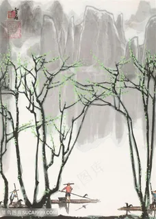 白雪石水墨山脉树木风景画 白雪石水墨山脉树木风景画
