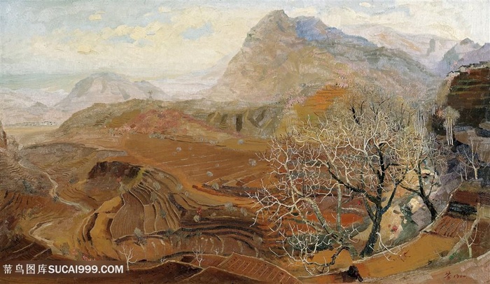 吴冠中手绘水彩山脉田园美景装饰画