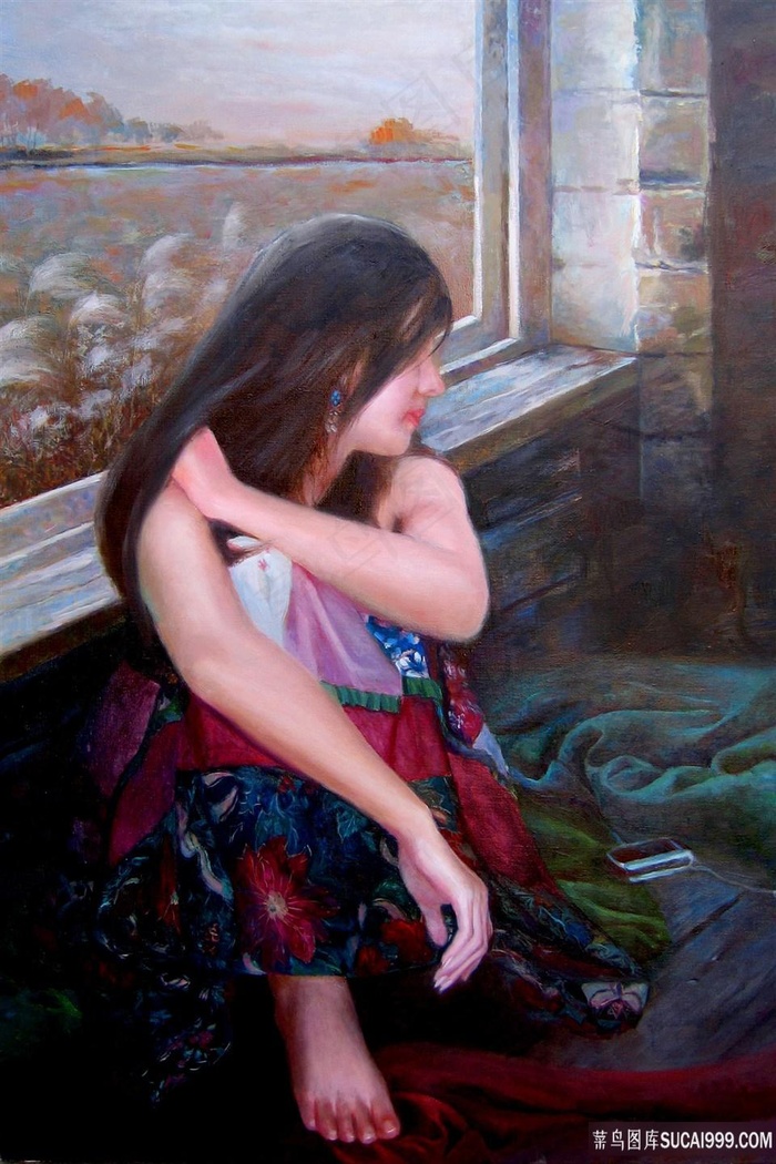 窗户美女风景画油画