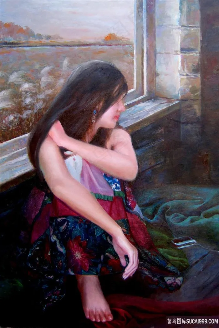 窗户美女风景画油画